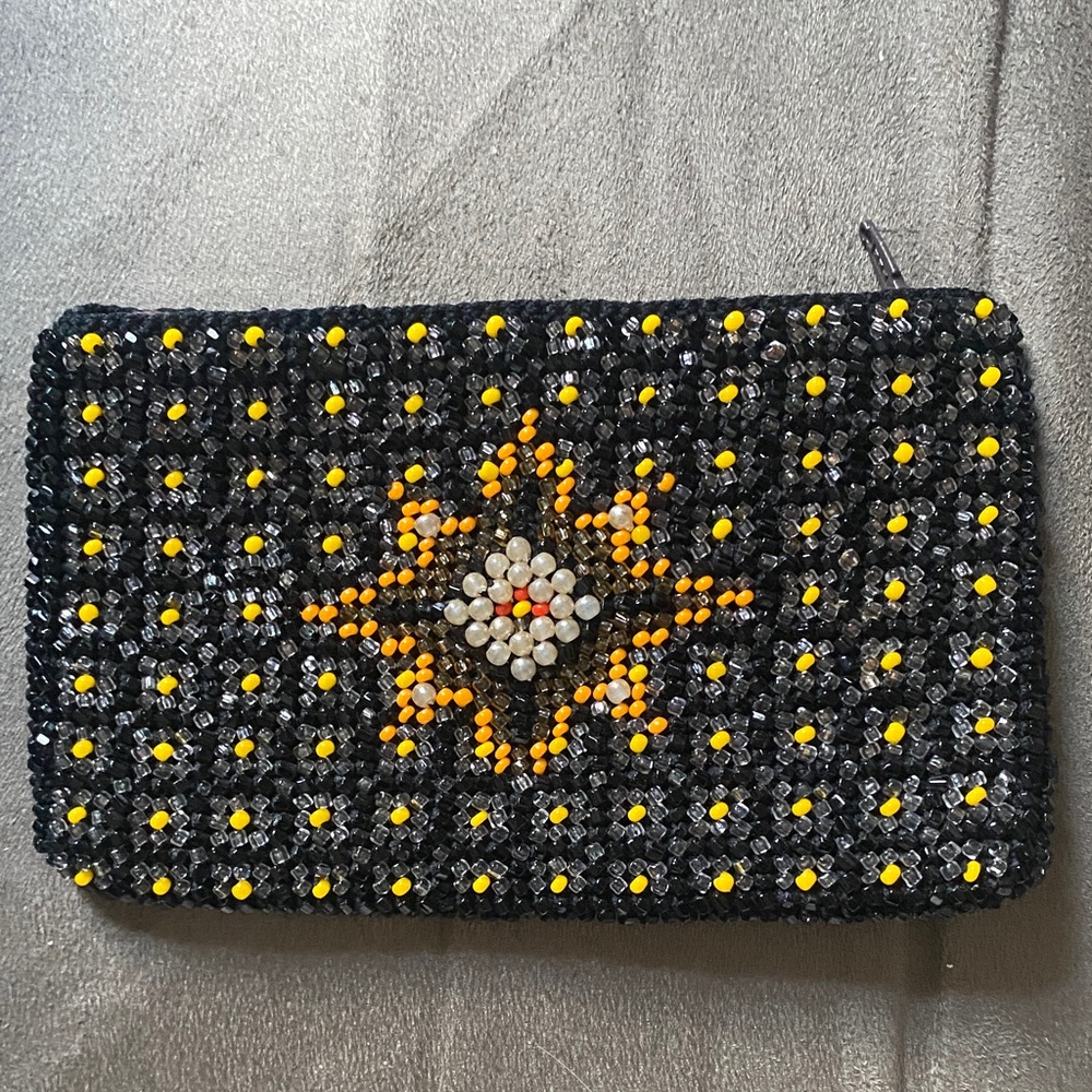 Vintage Hand Beaded Coin Purse Wallet Boho Floral Geometric Beaded Zip Pouch - Picture 3 of 7